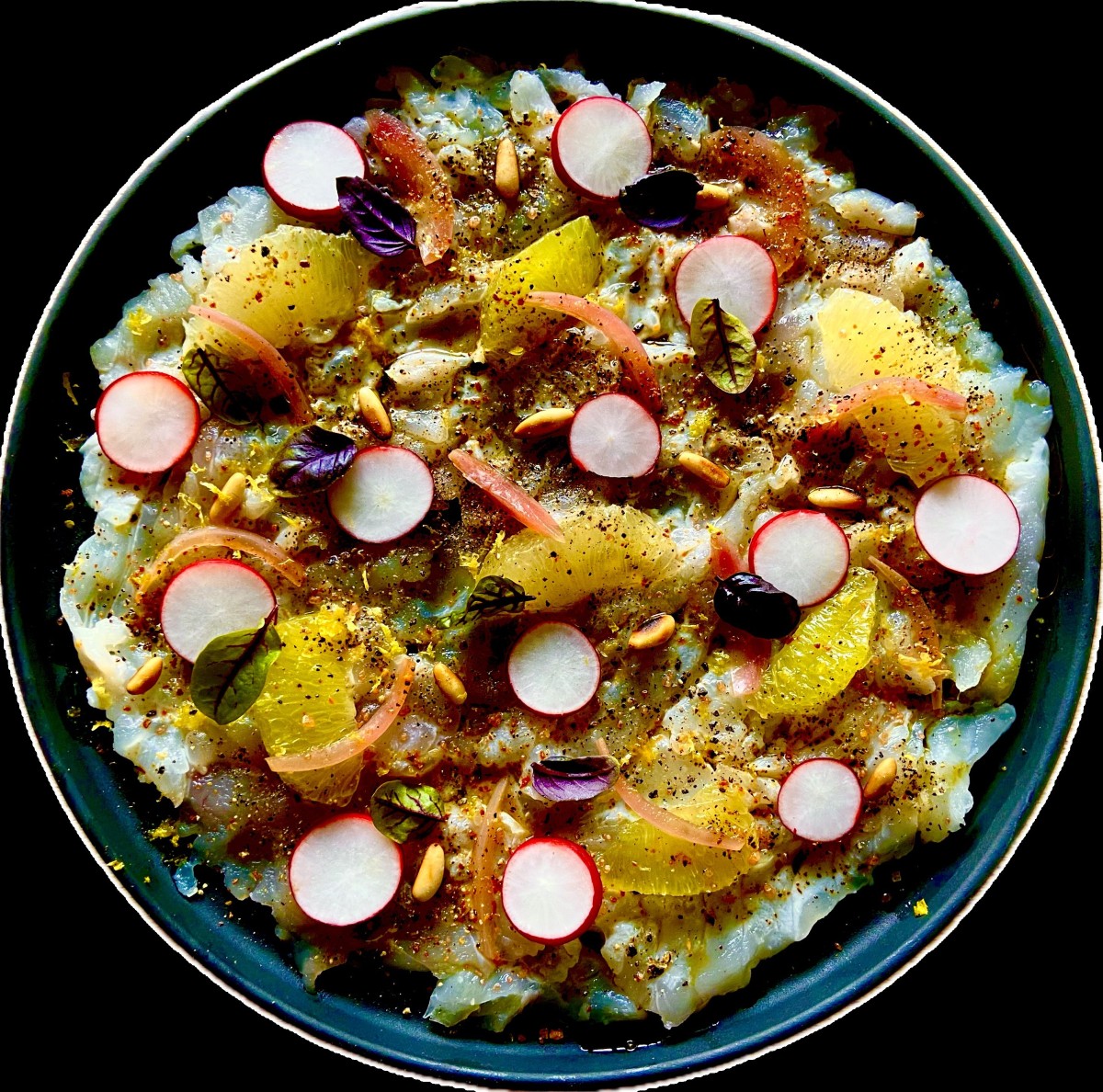 Carpaccio de bar huile de pin